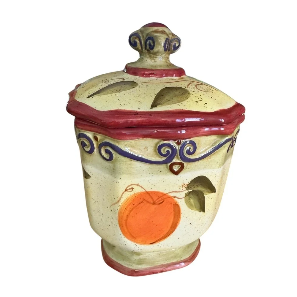 Set of 4 Medici Hand-painted Ceramic Canisters w/ Lids Fruit & Scroll Pattern‎
